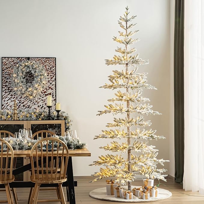 Glitzhome 9ft Flocked Christmas Tree, Deluxe Pre-Lit Artificial Christmas Tree, Large Xmas Serene Snowscape Fir Tree with 650 Warm White Lights and 1519 PE Tips for Holiday Home Party Decor