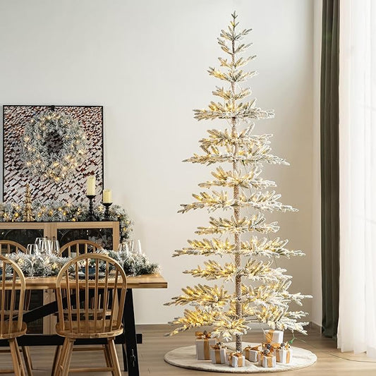 Glitzhome 9ft Flocked Christmas Tree, Deluxe Pre-Lit Artificial Christmas Tree, Large Xmas Serene Snowscape Fir Tree with 650 Warm White Lights and 1519 PE Tips for Holiday Home Party Decor