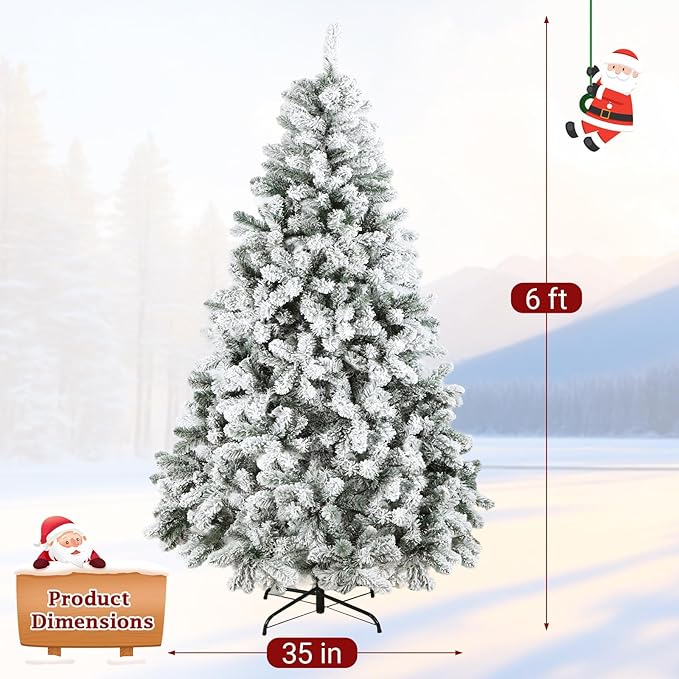 6ft Snow-Flocked Artificial Christmas Tree, Premium Unlit Holiday Xmas Tree for Home Office Party Decoration with 800 PVC Hinged Branch Tips, Foldable Stand, Green&White