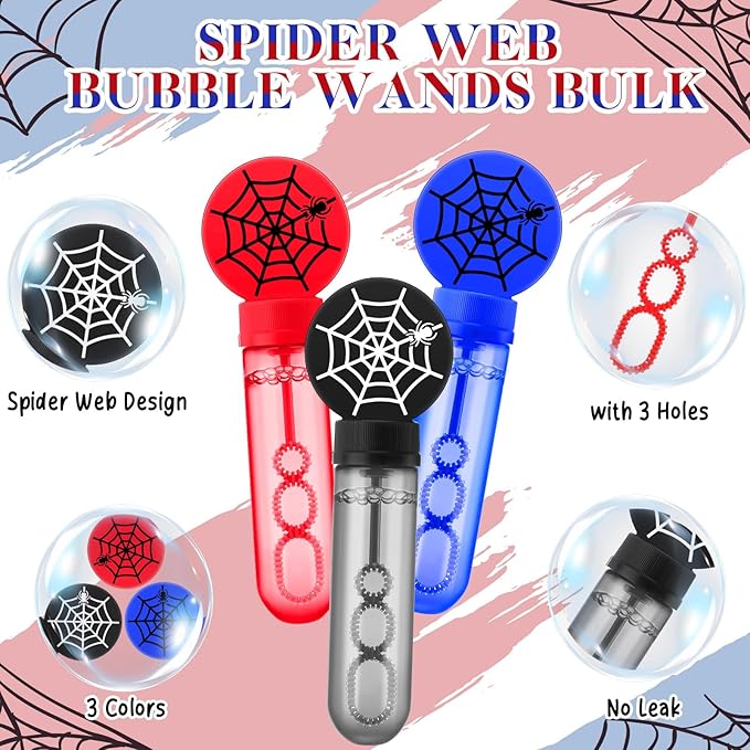 24 Pcs Spider Web Bubble Wands Mini Bubble Party Favor Toys for Kids Toddlers Christmas Party Birthday Goodie Bag Stuffer Filler Classroom Reward Gifts(Dark Blue, Red, Black)