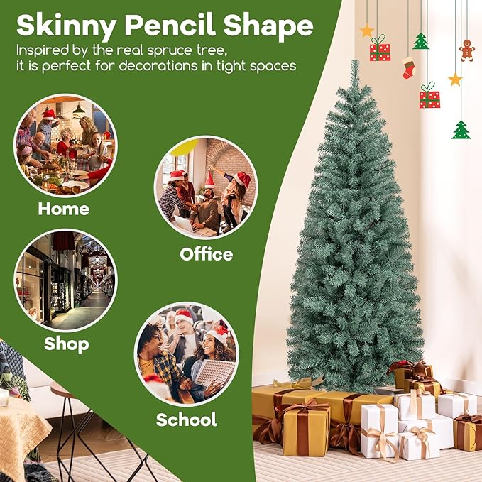 GOFLAME 6.5FT Pre-Lit Pencil Christmas Tree, Hinged Artificial Xmas Tree with 556 Branch Tips, 200 LED Lights, 9 Lighting Modes & Folding Metal Stand, Slim Holiday Decoration Tree for Home Party