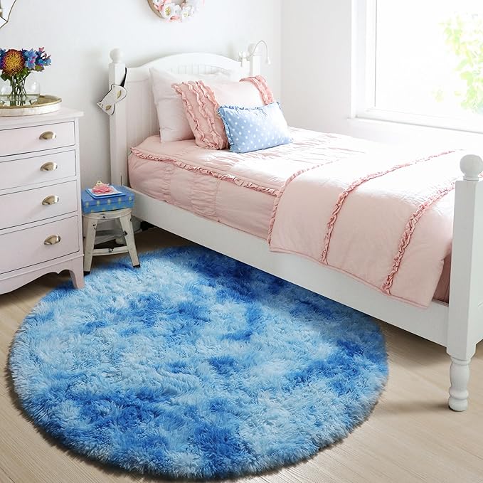ONASAR Tie-Dye Blue Round Area Rug 4x4, Soft Bedroom Circle Rugs Floor Mats for Kids Girls Teen Room, Kawaii Fluffy Plush Shaggy Carpet for Baby Nursery Living Room Playroom Home Decor