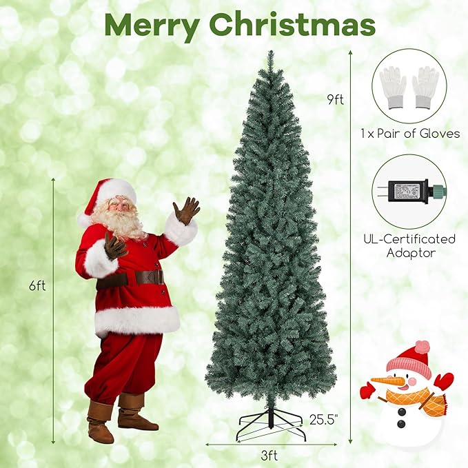 GOFLAME 9FT Pre-Lit Pencil Christmas Tree, Hinged Artificial Xmas Tree with 1168 Branch Tips, 500 LED Lights, 9 Lighting Modes & Folding Metal Stand, Slim Holiday Decoration Tree for Home Party