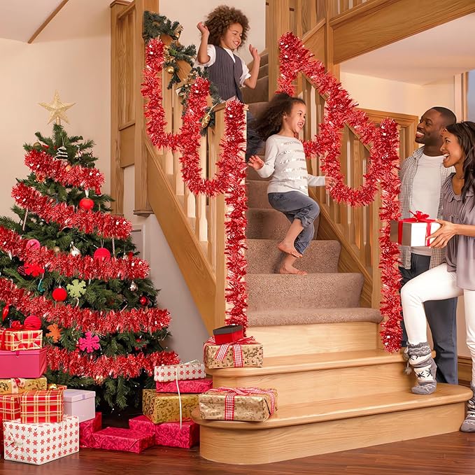 50Ft Christmas Tinsel Garland Red Xmas Tree Decorations Valentine Metallic Glitter Twist Garland for Christmas Decorations Party Anniversary Birthday Holiday Supplies Indoor Outdoor Supplies