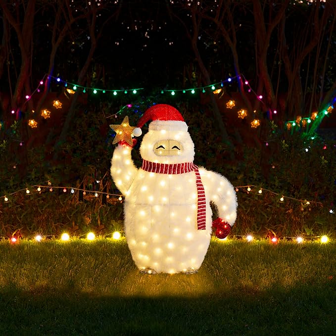 Glitzhome 3.5FT Lighted Christmas Snow Monster Decor, Large White Outdoor 3D Christmas Holiday Fabric Yeti Decoration w/ 130 LED Lights, for Xmas Lighted Holiday Display Indoor Outdoor
