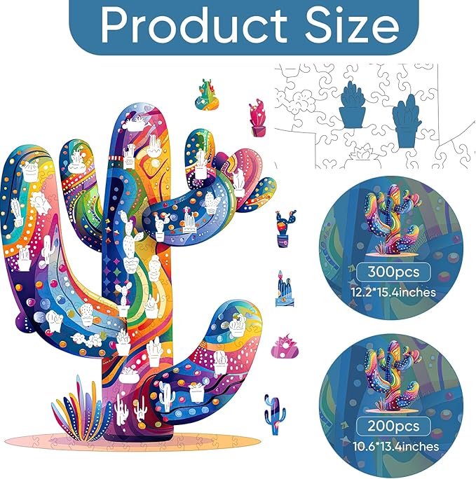 Colorful Cactus Wooden Puzzles for Adults, 200 Pieces Jigsaw Puzzles, Unique Shaped Medium Size Wood Puzzle Gift for Kids, Family Game 10.6'' x 13.4''