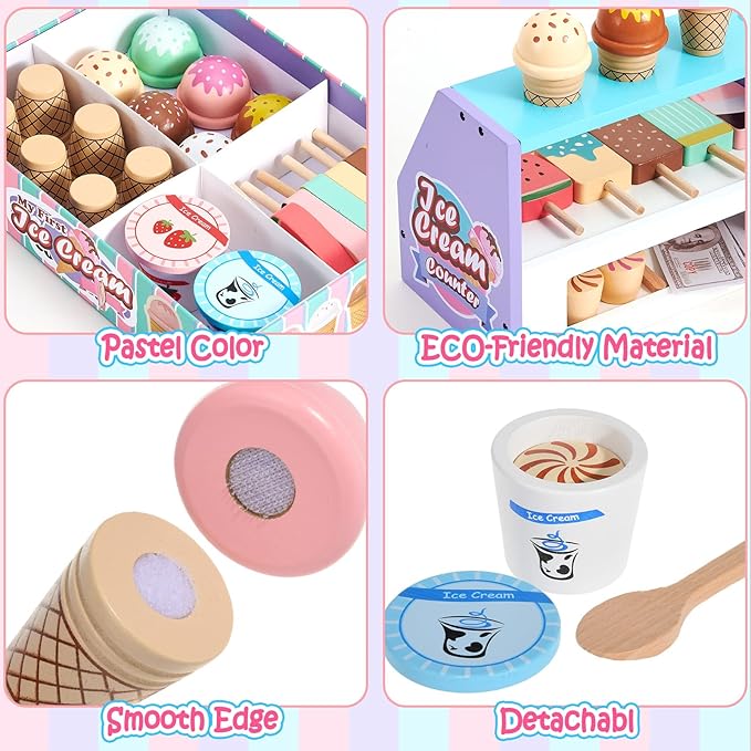 Toyssa Wooden Ice Cream Toys Play Set for Toddlers 3-5, Pretend Play Store Kids Kitchen Accessories with Scoop & Menu & Play Money, Christmas Birthday Gifts for Girls Boys 3 4 5 6 Year Old