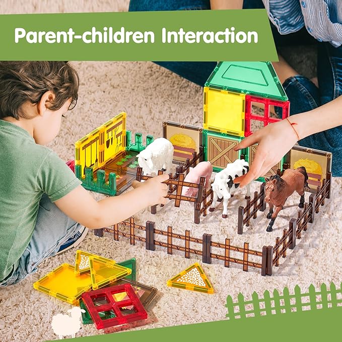 COCO&Friends Magnetic Tiles Farm Animals for Toddlers Kids Ages 2-8 - Magnetic Blocks Building STEM Toys for 3 Year Old Girl Boy Birthday Gift - Montessori Educational Construction Sensory Magnet Toys