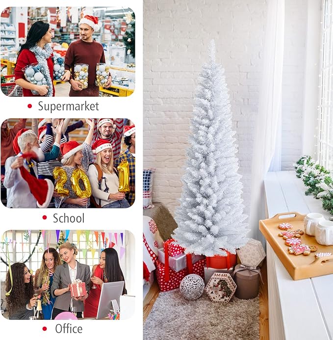 Happygrill 6FT White Pencil Christmas Tree Artificial Slim Christmas Tree Skinny Xmas Tree with Folding Metal Stand & PVC Material, Realistic Unlit Pine Tree with 340 Branch Tips for Indoor Outdoor