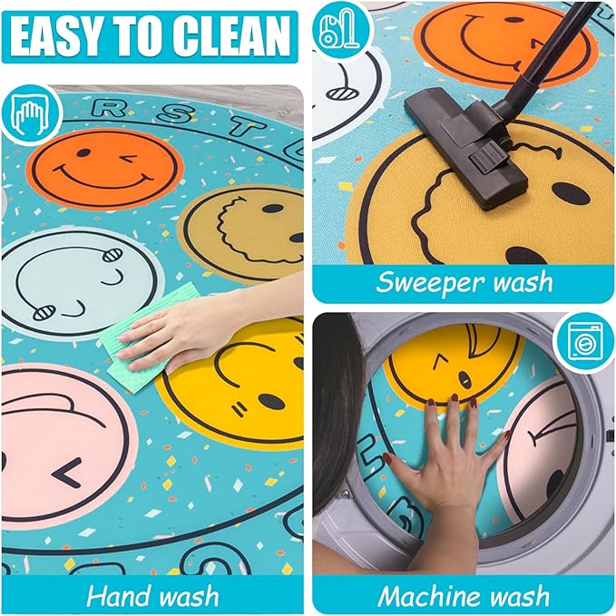 ABC Alphabet Rug for Kids, Classroom Playmat 6ft Non-Slip Circle Rugs for playroom, Round Area Rug for Elementary Classroom, Play Carpet for Boys Girls Bedrooms Playroom,Nursery Rugs-Blue