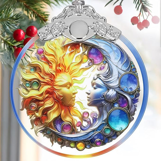 2025 Ornaments for Christmas Tree - Sun and Moon Stained Glass Christmas Tree Decorations Idea - Gift Exchange