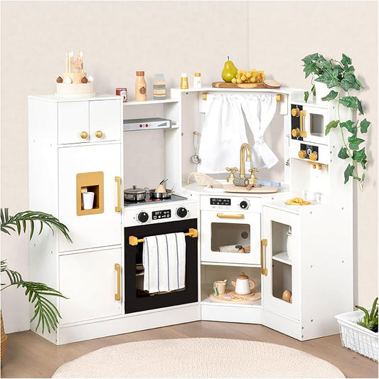 Interactive Wooden Toy Play Kitchen Playset for Kids – Realistic Lights & Sounds, Corner Design with 8 Accessories, Gift for Girls & Boys Ages 3+