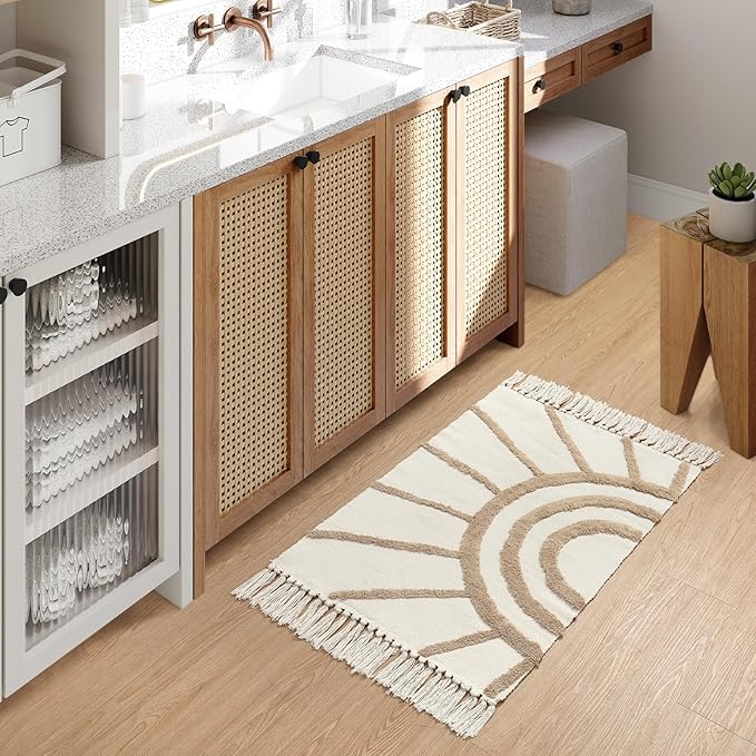 OJIA Boho Bathroom Rug 2'x3', Handwoven Washable Bath Mat with Tassels, Bohemian Beige Small Rug Entry Rug, Farmhouse Tan Sun Tufted Kitchen Runner Cotton Throw Rug for Bedroom/Laundry Room