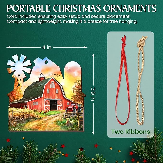 OASSIE Christmas Farmer Gifts for Women Men - Wooden Rustic Farmhouse Ornaments for Tree Decorations - Red Barn Rustic Gifts for Farmers, Farmhouse Christmas Decor, Xmas Gift for Farmer