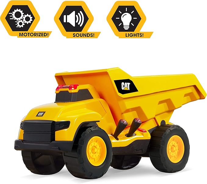 CAT Construction Toys, Motorized Dump Truck Toy, 6 Unique Sounds, 2 Motorized Functions, Lights & Sounds, Includes 3 AA Batteries.