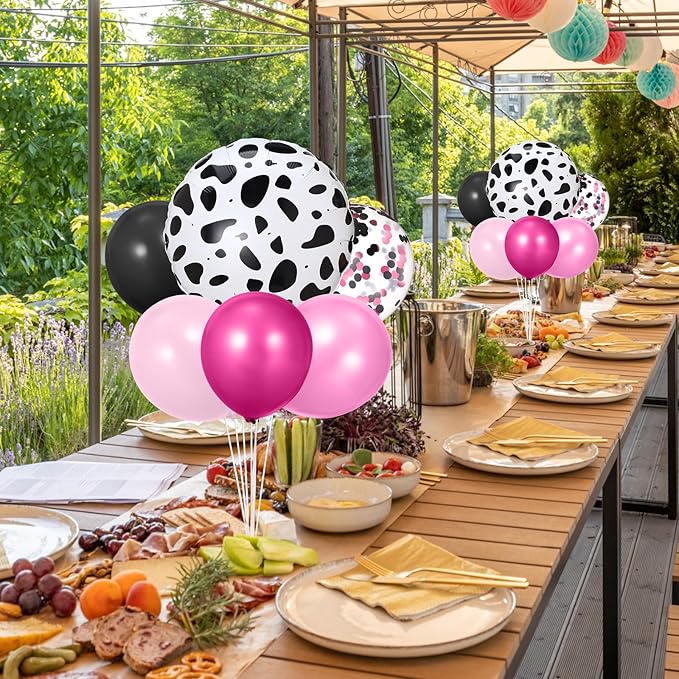 2 Sets Pink Cow Birthday Party Decorations Cowgirl Table Centerpiece Rose Red Pink Black Balloon Stand Kit with Large Cow Print Foil and Latex Balloon for Baby Shower Farm Wedding Supplies