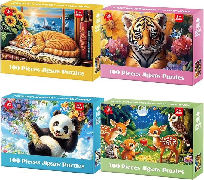 4-Pack 100 Pieces Puzzles for Kids Ages 4-6 6-8 Panda Tiger Deer Cat Puzzles 100 Pieces Jigsaw Puzzles for Kids 8-10 Year Old, Large Piece Puzzles for Seniors, Puzzles Toys for Boys and Girls