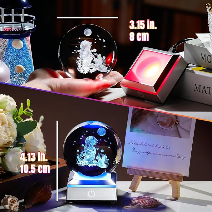 Ornalrist 3D Mermaid Crystal Ball Gifts for Women, Girls 3.15in with Colorful LED Light Base - Gifts for Kids on Birthday, Christmas, New Year - Mermaid Figurines Home Decor