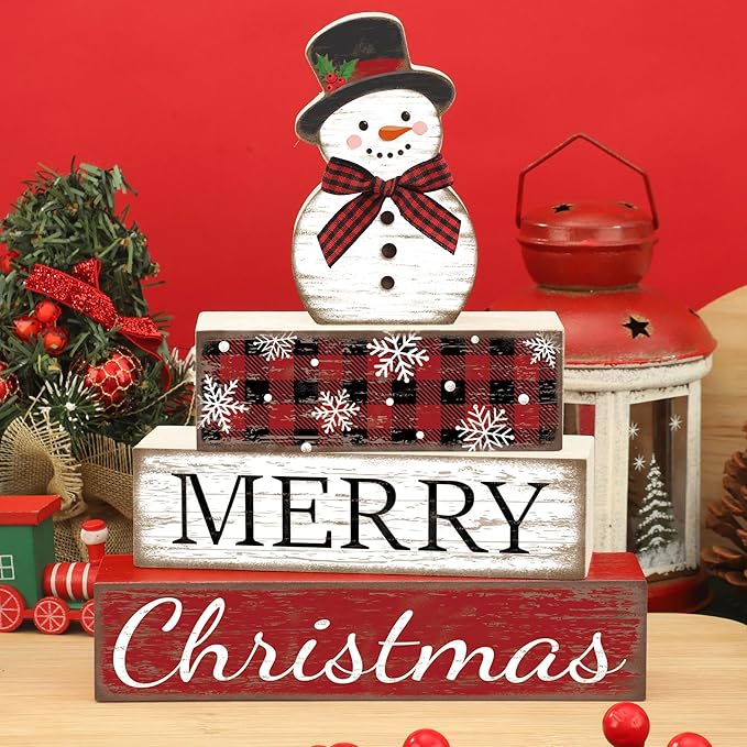 4 Pcs Christmas Table Decoration Snowman Wooden Block Merry Christmas Wood Centerpiece Xmas Red Buffalo Plaid Tabletop Sign Xmas Rustic Farmhouse Tiered Tray Decor for Winter Party Home Shelf Decor