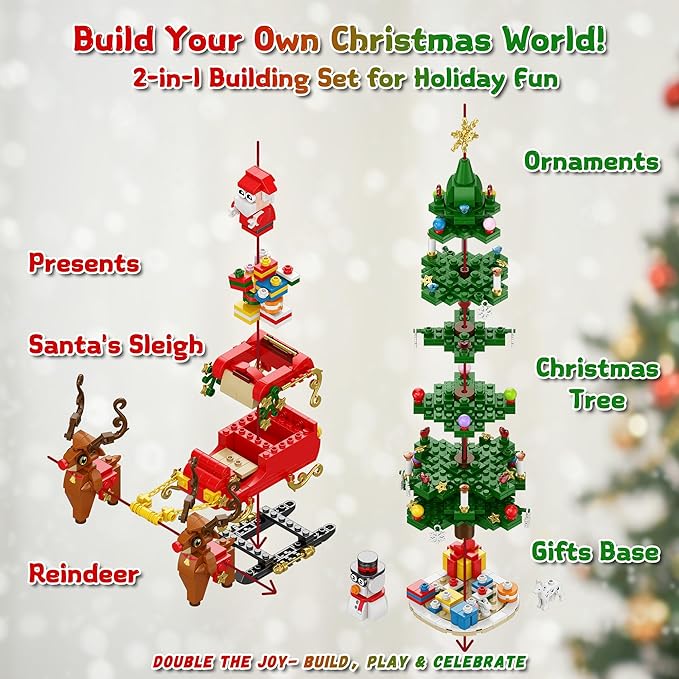 Christmas Tree Advent Calendar 2025, 24 Day Countdown Kit with 912PCS Building Blocks Set, Xmas Holiday Decorations Gift for Kids Teen Girls Boys (Santa Sleigh Reindeer)