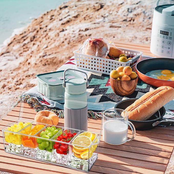 5 Compartment Condiment Server, Ice Chilled Condiment Containers with Lid, Clear Condiment Caddy Serving Tray on Ice with 5 Serving Spoons 5 Fruit Forks 2 Serving Tongs