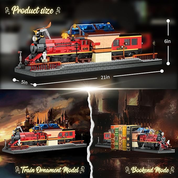 2in1 Harry Magic Train & Bookends Building Set, Home Decorative Building Block Toy, Ideal Collectible & Display Building Toys for Adults & Children, Cool Bookshelf Organizer & Home Decor 1068PCS