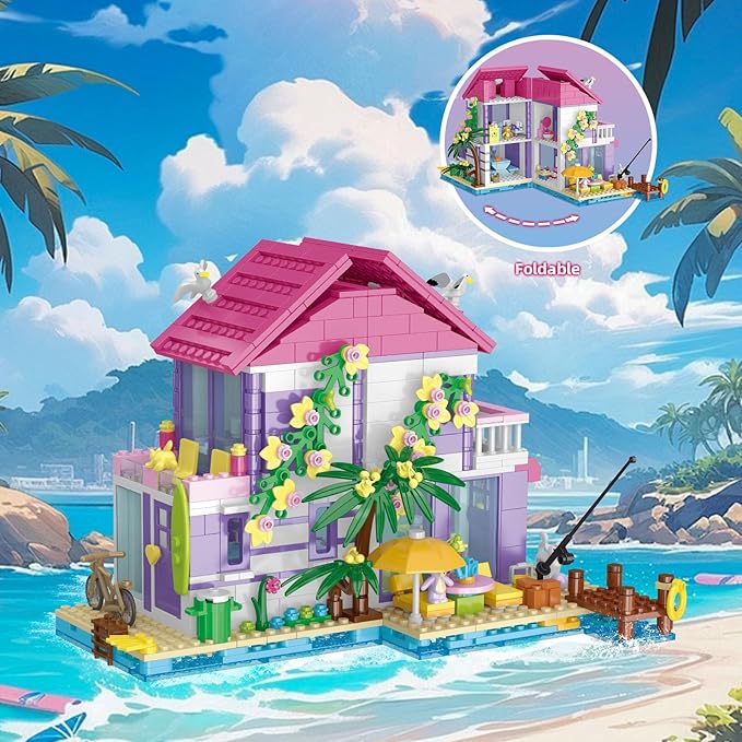3 in 1 Pink Girls Beach House Building Set with Light, Seaside Villa Friends Building Toys, Compatible with Lego Friends Construction Educational Toy for Adults Kids Age 8-12 and Up (961 PCS)