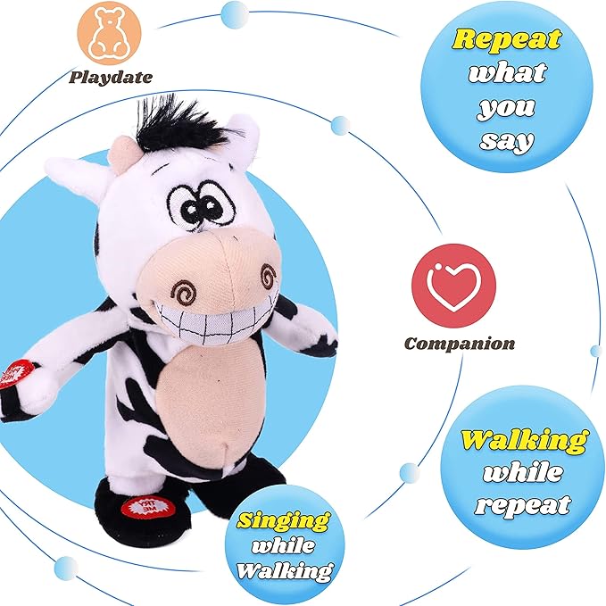 Hopearl Talking Singing Cow Repeats What You Say Walking Electric Interactive Animated Toy Speaking Plush Buddy Gifts for Toddlers, 8''