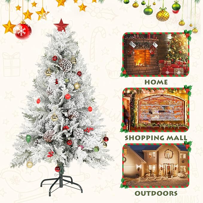 4ft Premium Hinged Artificial Holiday Christmas Tree for Home, Office, Party Decoration Snow Flocked Xmas Pine with 500 Branch Tips, Easy Assembly, Metal Hinges & Base (White)