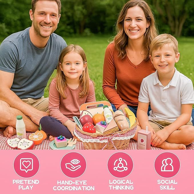 Wooden Picnic Basket Toy Set with Realistic Play Food - Kids Pretend Play Kitchen Accessories for Toddlers 3-8, Wood Play Food for Imaginative Tea Party & Outdoor Fun