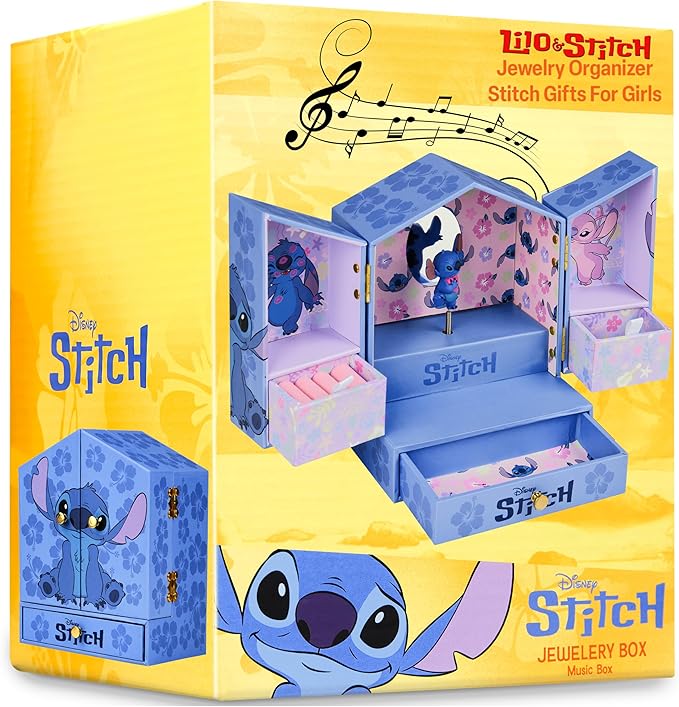 Get Trend Disney Stitch Musical Jewelry Box for Girls with Mirror, Drawers, and Wind Up Music, Jewelry Organizer for Rings, Charms, Gifts for Girls (Blue Stitch)