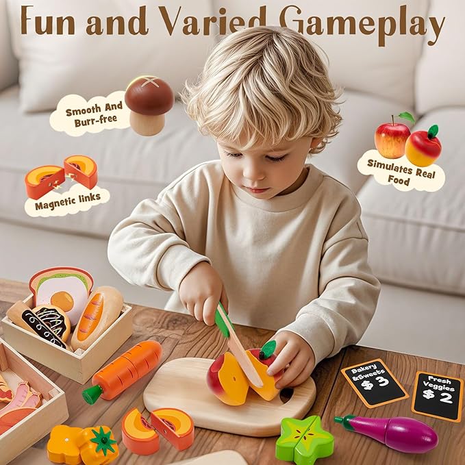 Toyssa Wooden Play Food Sets for Kids Kitchen, Play Toy Foods for Toddlers with Realistic Colors & Play Money, Pretend Play Kitchen Accessories Christmas Birthday Gifts for Girls Boys 3 4 5 6 7