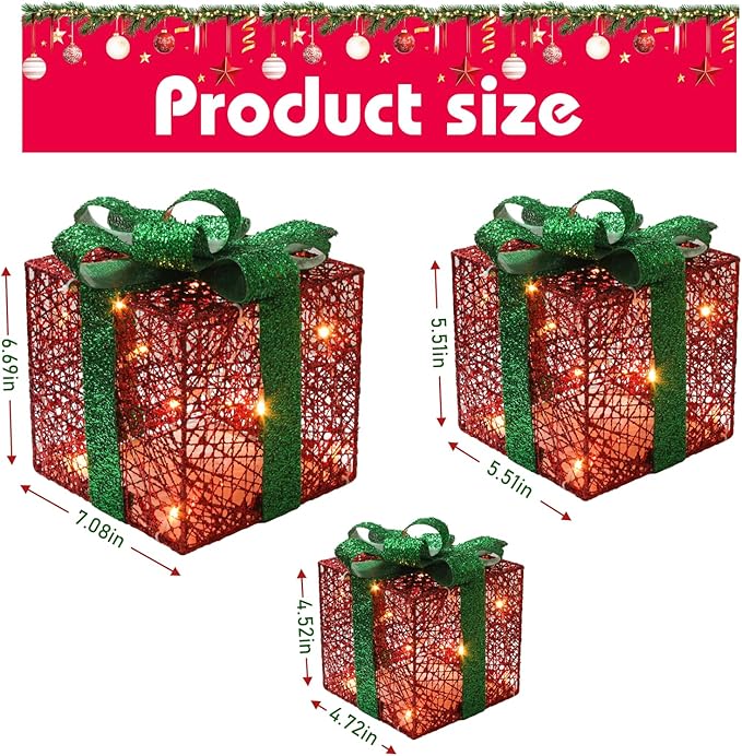 Christmas Light Gift Box Decorations, 3-Piece Set, Pre-Strung Wired Gifts with Bows, Illuminate Christmas Tree Skirt Decorations. Suitable for Indoor and Outdoor Use. (Christmas Colors)