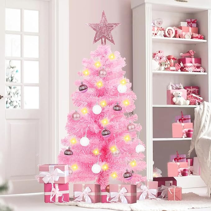 3 Ft Premium Pink Christmas Tree with Lights, Battery Operated Timer 8 Modes 50 Warm White Lights Small Artifical Full Christmas Tree for Tabletop Home Office Indoor Outdoor Xmas Holiday Decorations