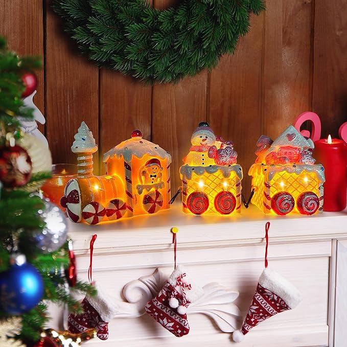 Christmas Table Decorations Indoor Train, Candy Cane Christmas Decorations for Tabletop, Xmas Pink Lighted Centerpieces Table Decorations for Home Outdoor, Xmas Train Decor Figurines