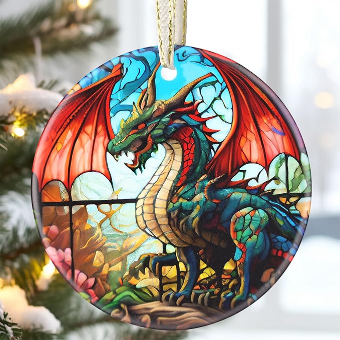 3.5 Inch Ceramic Christmas Tree Ornament, Flying Dragon Christmas Ornaments, Heirloom Keepsake, Gift Exchange, Gift Idea, Bauble Present