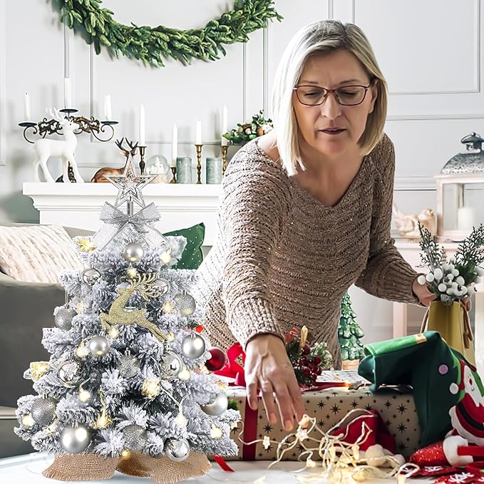 Mini Christmas Tree with Lights,24In/2ft Snow Flocked Pre-lit Tabletop Christmas Tree with 19 Decorations,Artificial Small DIY Decor for Table Desk Home