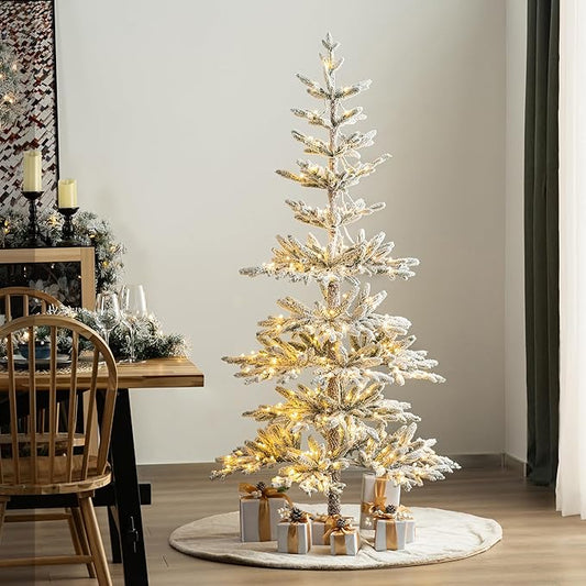 Glitzhome 6ft Flocked Christmas Tree, Pre-Lit Artificial Christmas Tree,Serene Snowscape Fir Tree with Sturdy Metal Stand, 733 PE Tips and 300 Warm White Lights for Holiday Party Home Decor