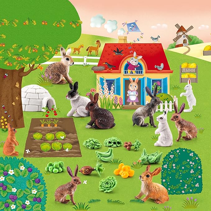 Mini Rabbit Action Figures with Holes Toys Set 21PCS for Toddlers Rabbits Toys Cake Toppers Bunny Figurines Gifts for Kids Boys and Girls Doll House Accessories