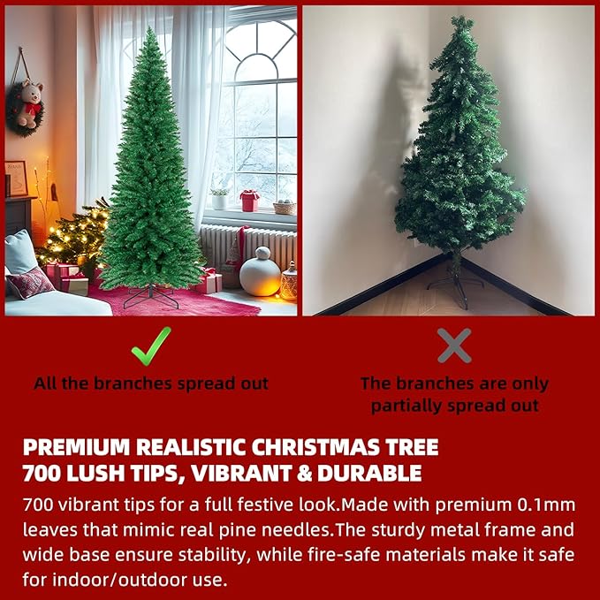 8FT Christmas Tree,Artificial Pencil Christmas Tree with 700 Branch Tips,Xmas Tree with Solid Metal Foldable Stand Perfect for Indoor&Outdoor,Christmas Decoration for Party by DNKMOR