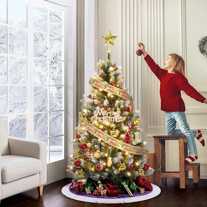 2025 Christmas Pre-Lit Pencil Tree 4.5FT with Lights, Automatic White Spray Artificial Xmas Tree with Pinecone, Decor for Christmas Holiday