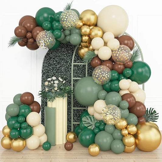 Amandir 153pcs Green Brown Balloon Garland Arch Kit, Different Sizes 18 12 10 5 inch Sage Green Ivory Gold Latex Metallic Confetti Balloon for Safari Jungle Wild One Woodland Tropical Party Decoration