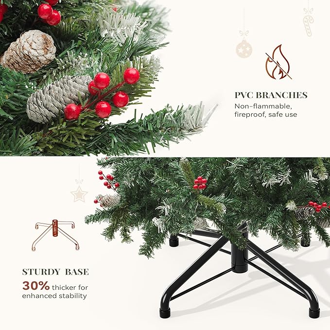 YITAHOME 6FT Prelit Christmas Tree with Remote, Artificial Hinged Pre-Decorated Christmas Tree with 58 Pine Cones & 58 Red Berries, Xmas Tree with 818 Frosted Tips, 250 Lights