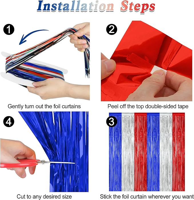 12 Pack 4th of July Decorations, 3.28 FT x 7.05 FT Patriotic Tinsel Backdrop, Metallic Blue Silver Red Fringe Curtains Party Streamer Foil Backdrop, Independence Day Party Supplies Patriotic Decor