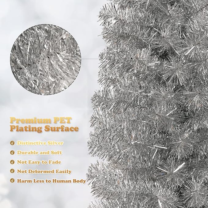 HAPPYGRILL 6 Feet Sliver Pencil Christmas Tree Artificial Slim Christmas Tree Skinny Xmas Tree with Metal Stand, Realistic Unlit Pine Tree with 520 Branch Tips for Indoor Outdoor