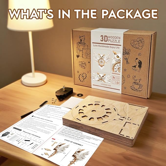 3D Puzzles for Adults Clock-Snowy Owl Design Model Kit-Mechanical DIY Pendulum Clock with Roman Numerals-Desk Home Office Decor Personalized Gift for DIY Lovers