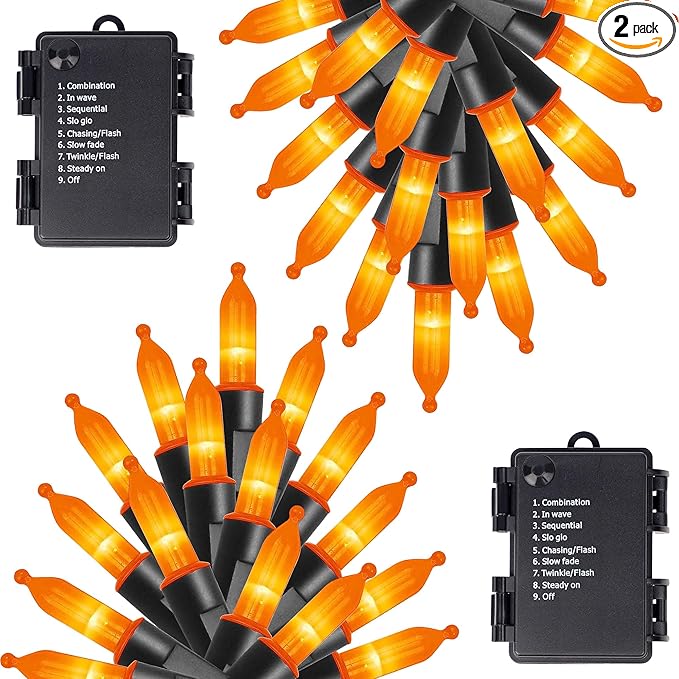 Joliyoou 16 Ft 50 LEDs Halloween Mini String Lights, 8 Lighting Modes Holiday Fairy String Lights with Timer for Indoor Outdoor Decorations, Orange, 2 Pack