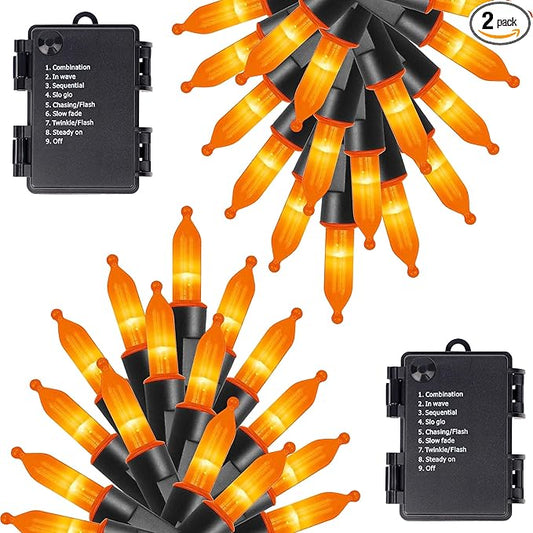 Joliyoou 16 Ft 50 LEDs Halloween Mini String Lights, 8 Lighting Modes Holiday Fairy String Lights with Timer for Indoor Outdoor Decorations, Orange, 2 Pack