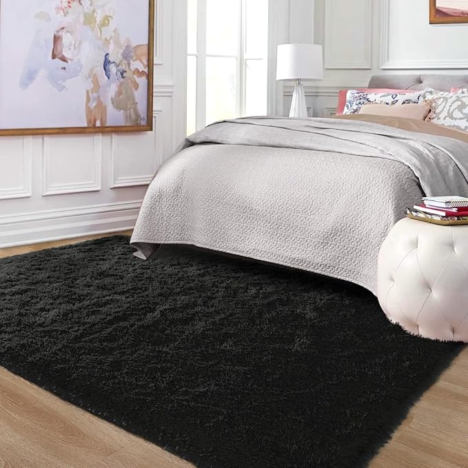 Ompaa Black 8x10 Feet Large Area Rugs Fluffy Living Room Carpet, Wall to Wall Big Shag Rug for Bedroom Kids Playroom Classroom Nursery Home Office Decor