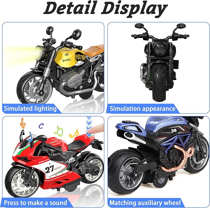 4-Pack Pull-Back Motorcycle Toys - Friction Powered Kids Toy Cars with Lights, Sounds & Automatic Drive for Boys & Girls Aged 3-12